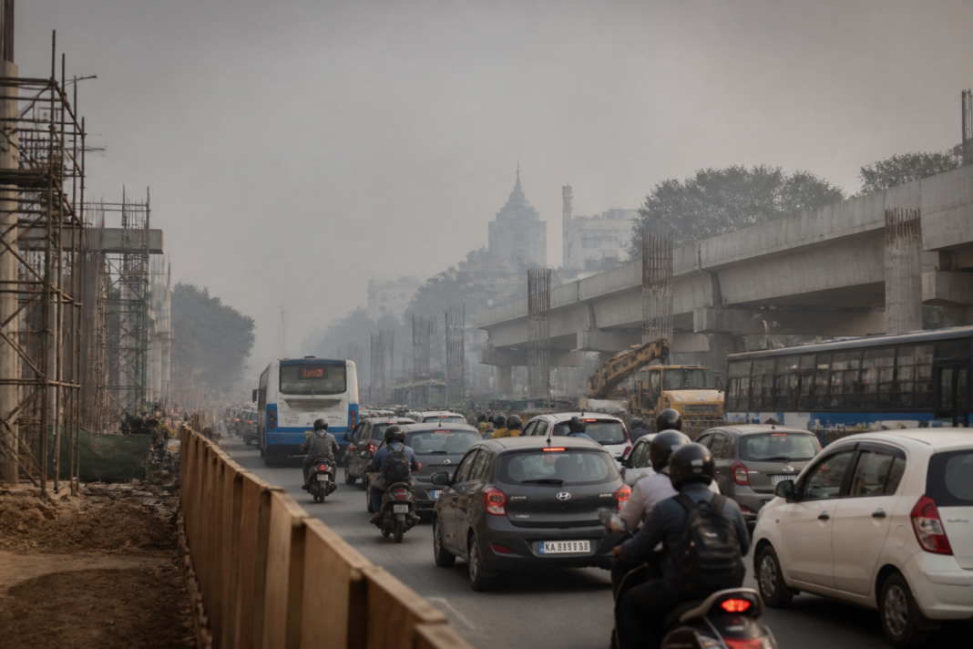 Bengaluru air pollution over a busy road with traffic and construction activity