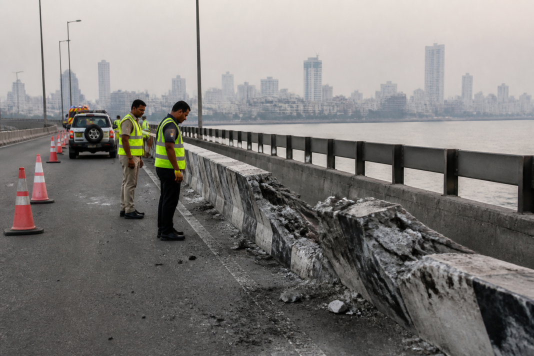 Mumbai Coastal Road accident site showing a damaged road divider and emergency response area