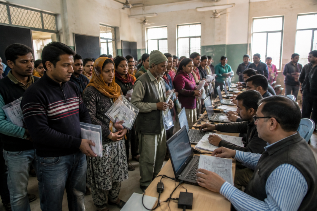 Delhi SIR hearings at a crowded voter verification centre with residents carrying documents