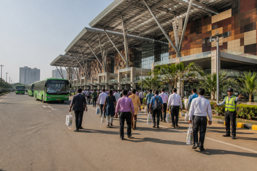 UP International Trade Show venue at India Expo Centre in Greater Noida with electric buses and visitors