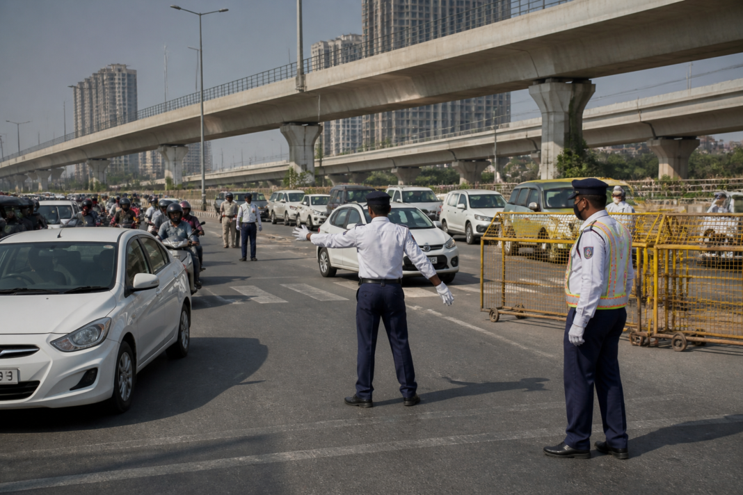 Greater Noida traffic diversions on an urban road near the expressway