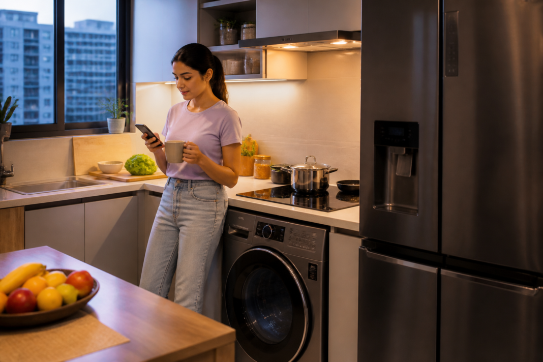 India AI appliances in a modern urban kitchen with connected Samsung home devices