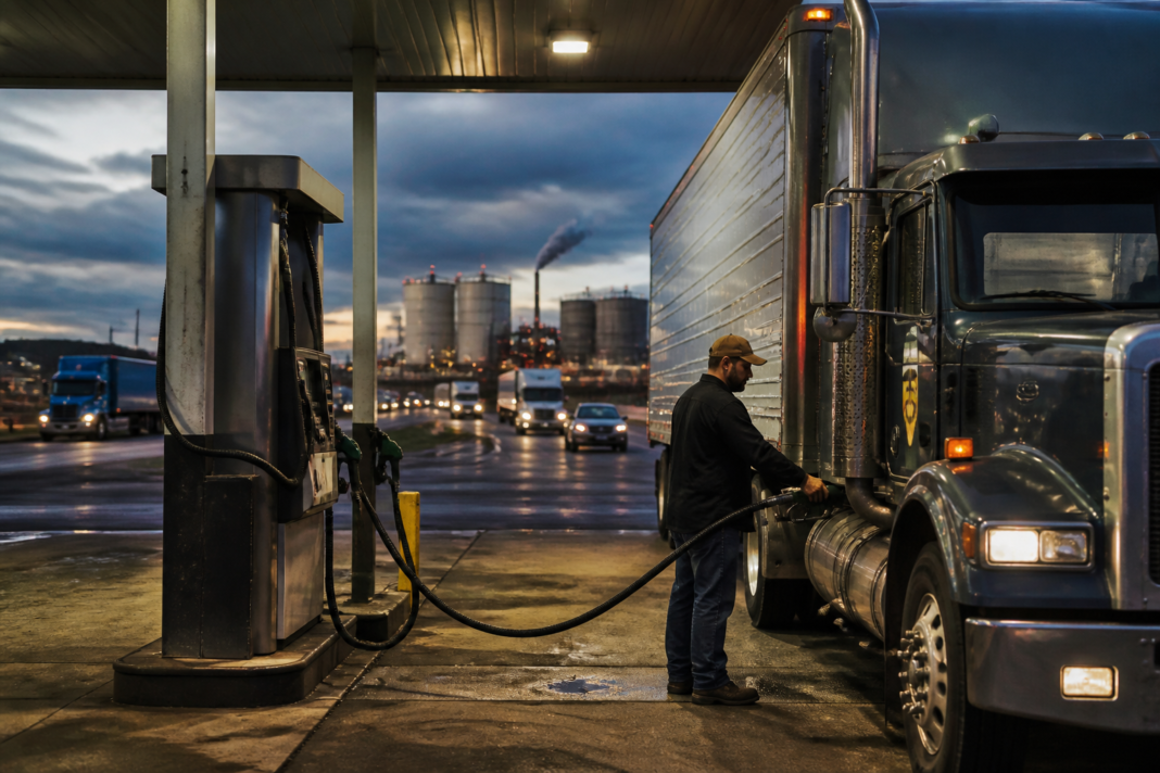 US diesel prices displayed at a fuel station beside a freight truck