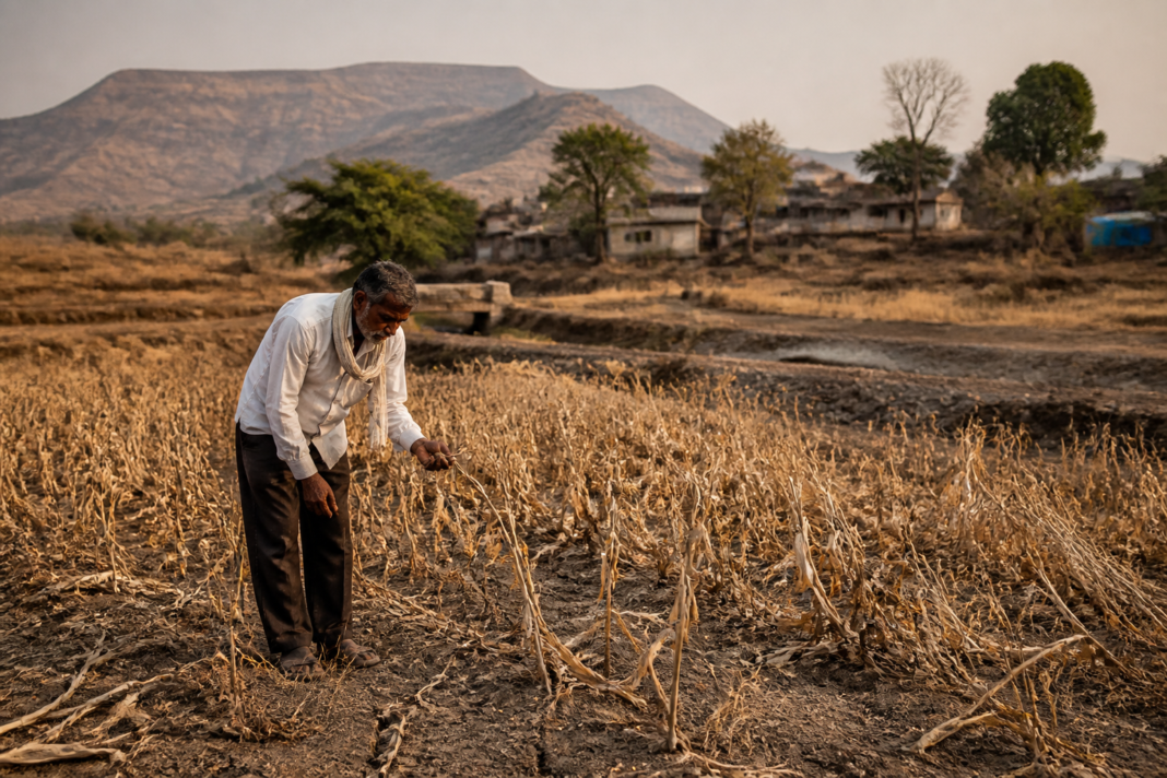 Maharashtra drought conditions affecting standing crops in a dry farmland landscape
