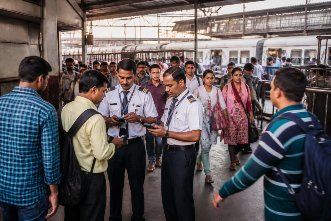 Central Railway ticket checking at a busy Mumbai suburban station