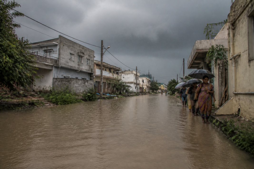 Rayalaseema rain leaves a waterlogged residential street in Nandyal, Andhra Pradesh.