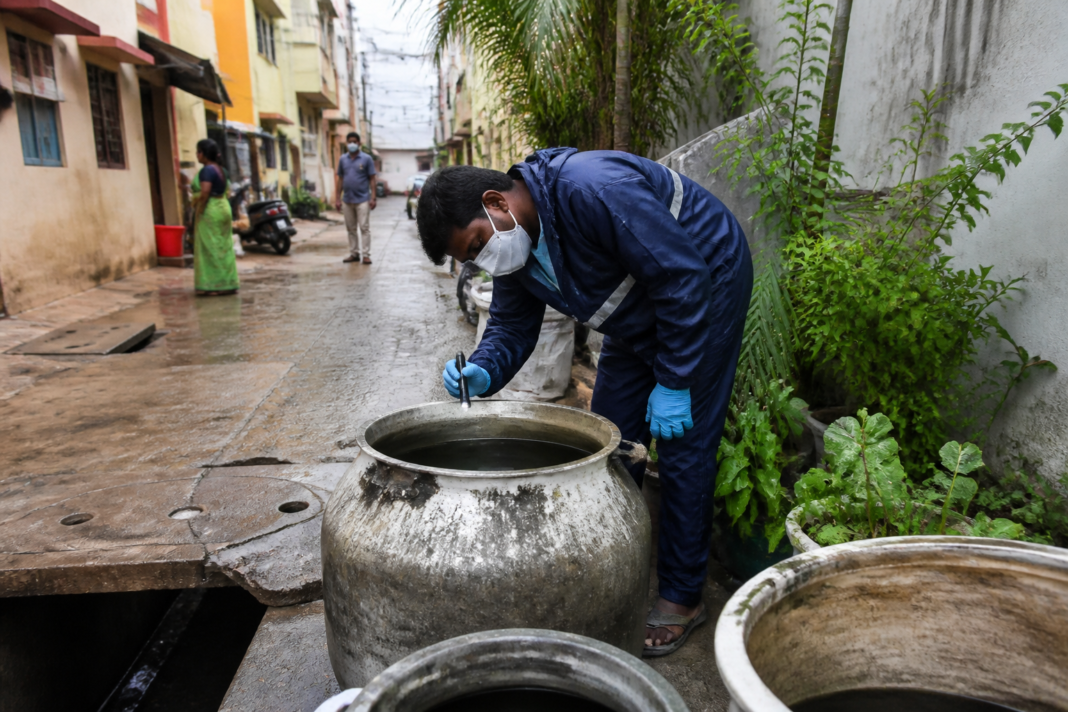 Tamil Nadu dengue cases prompt mosquito-control work near homes and stagnant water.