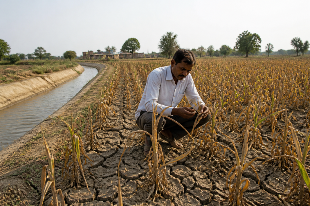 Maharashtra drought conditions leaving standing crops dry in a farmer’s field