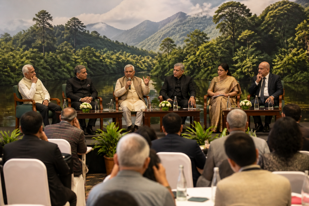 Climate policy conference in New Delhi with officials discussing climate resilience and biodiversity