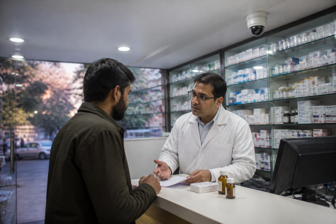 CCTV at pharmacies overlooking a medicine counter in a Delhi retail pharmacy