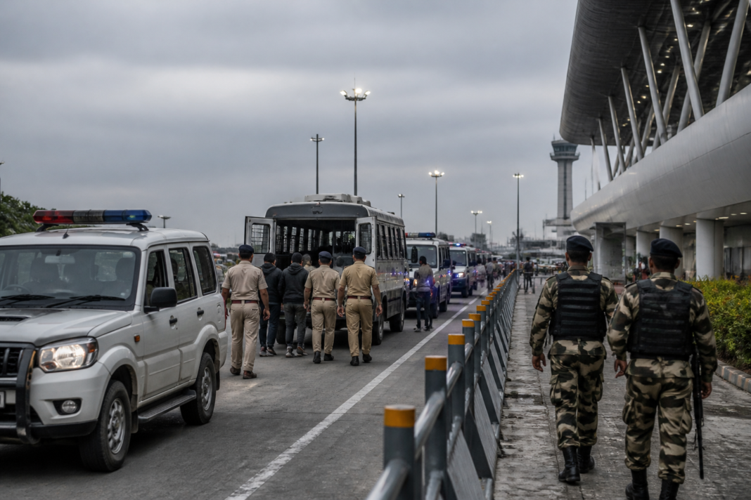 Police escort vehicles preparing for a Bengaluru deportation operation at an airport
