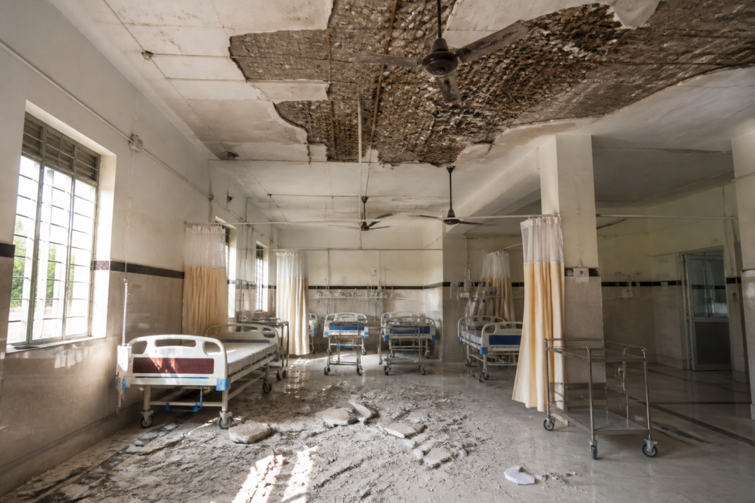 Warangal hospital ceiling collapse damage inside an old hospital ward