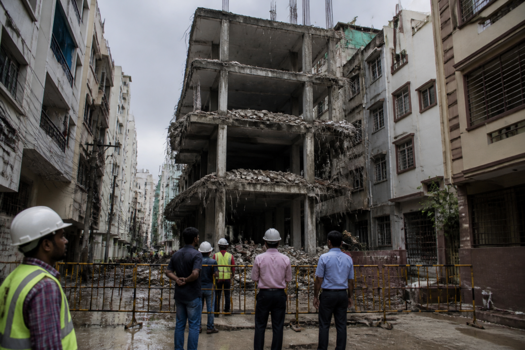 Gachibowli building collapse site amid dense unauthorised construction in Hyderabad