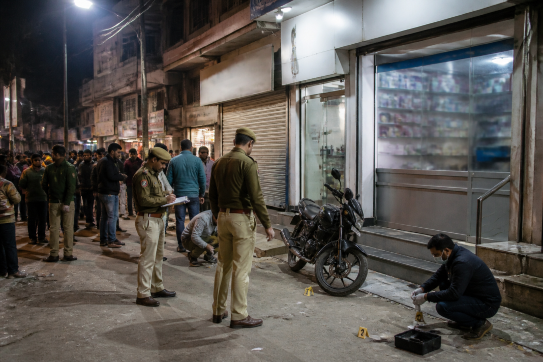 Police investigate a shooting outside a medical store in Najafgarh
