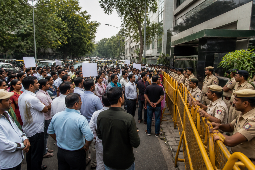 Delhi BJP protest over a sanitation worker suicide outside the AAP office