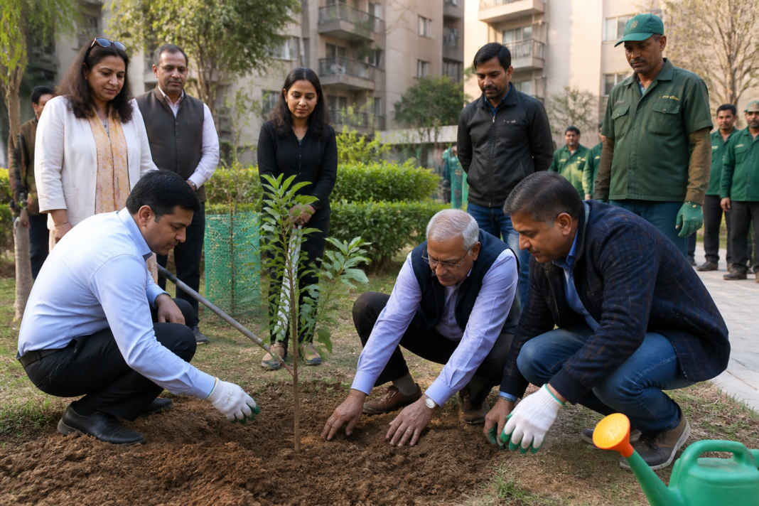NDMC green drive volunteers planting saplings with residents in Sarojini Nagar, New Delhi