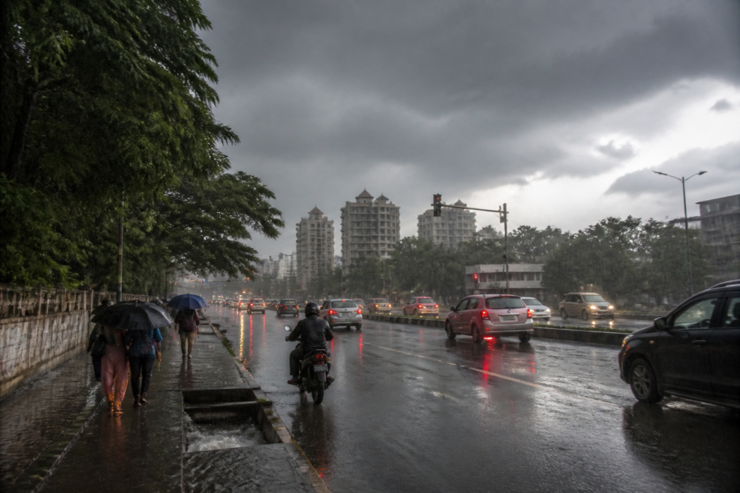 Karnataka rain forecast showing storm clouds over an urban road during heavy monsoon rain
