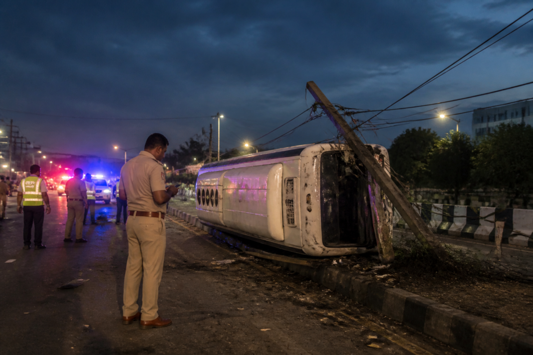 Bengaluru wheeling crash site near Nagarabhavi with an overturned tempo traveller and damaged electricity pole