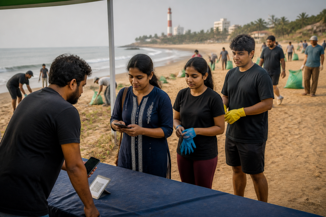 Chennai beach clean-up volunteers near a QR registration stall at the Lighthouse