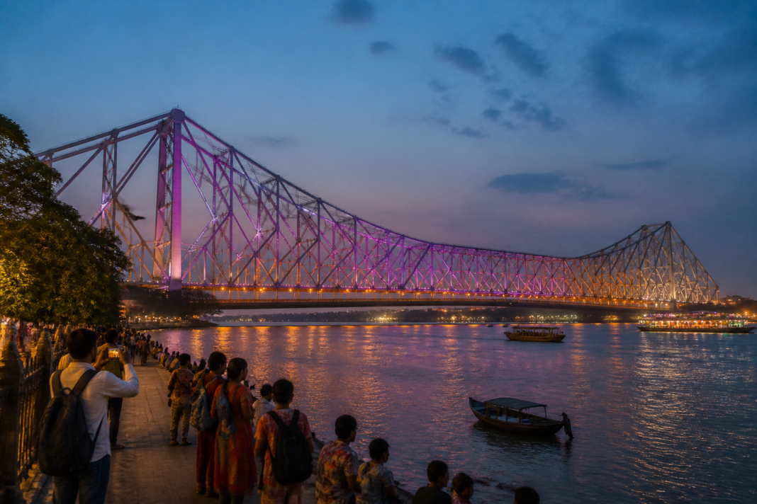 Howrah Bridge lighting over the Hooghly River in Kolkata during an evening display