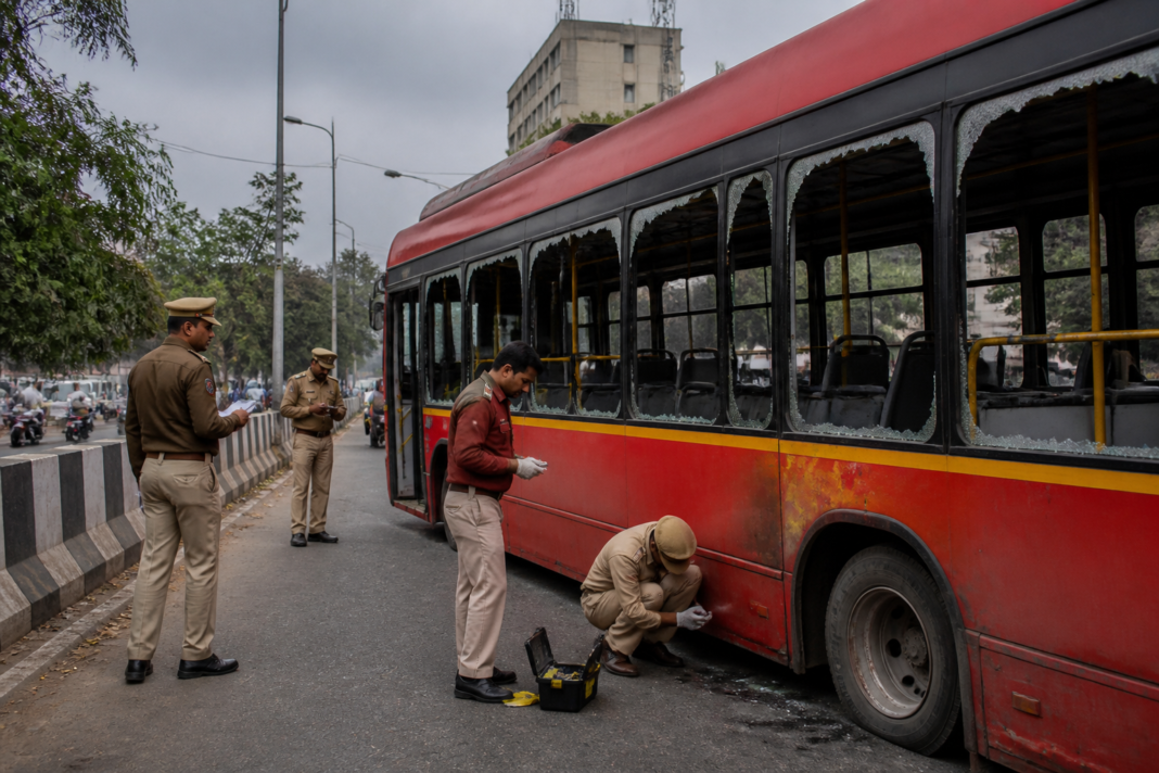 Delhi bus vandalism investigation involving damaged public buses and police evidence collection