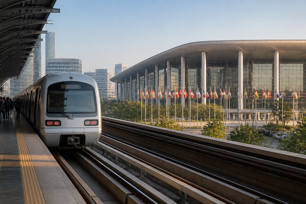 Delhi Metro International expansion represented by a modern metro train and global rail infrastructure.