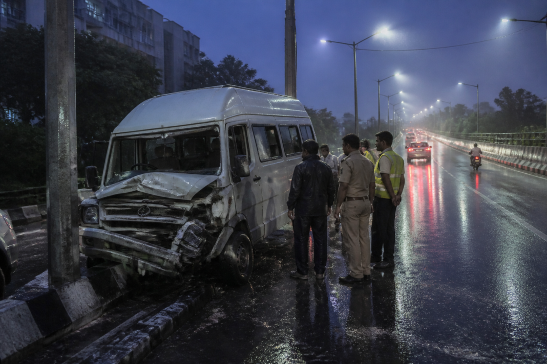 Bengaluru road accident scene on Nagarabhavi Outer Ring Road near a median pole