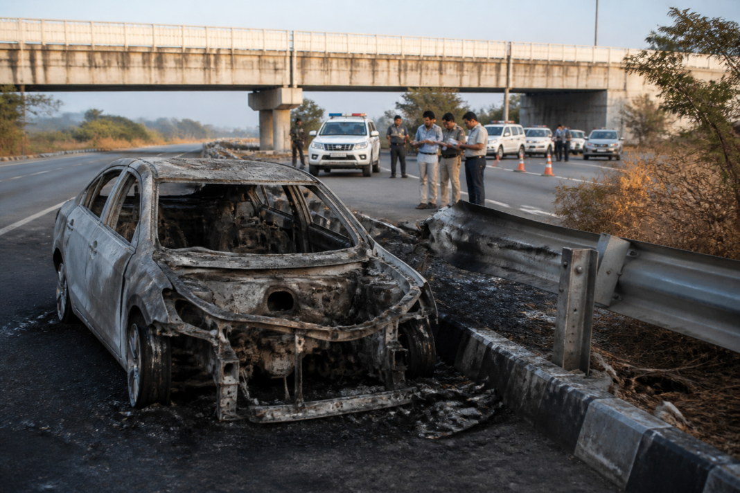 Burnt car after a Suryapet road accident near the Pillalamarri flyover