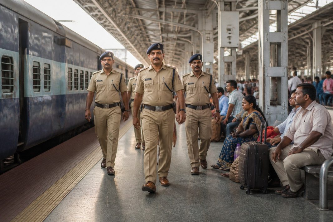 RPF Secunderabad personnel conducting security operations at a railway station