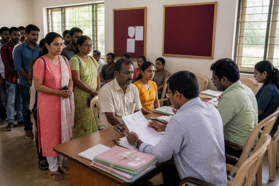 Karnataka SIR hearings at a voter verification centre with citizens waiting in queue