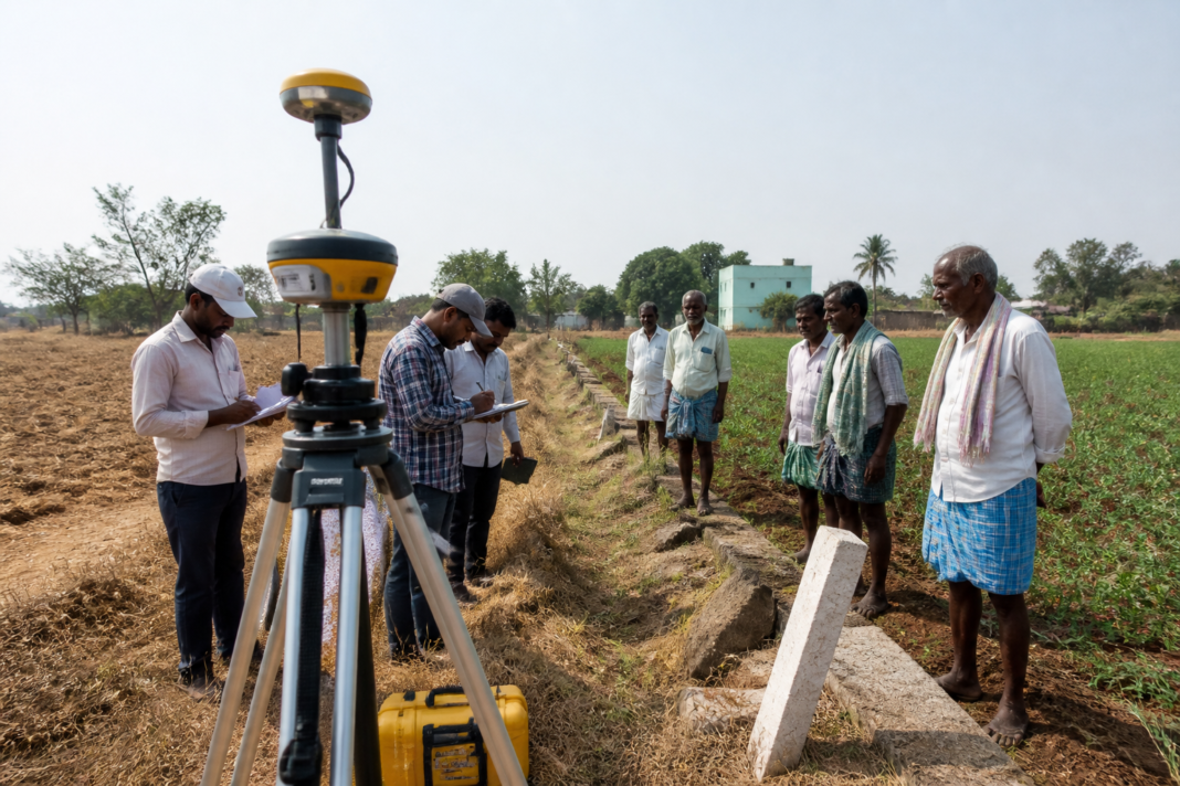 Government land survey officials examining agricultural plots in Erravelli, Telangana