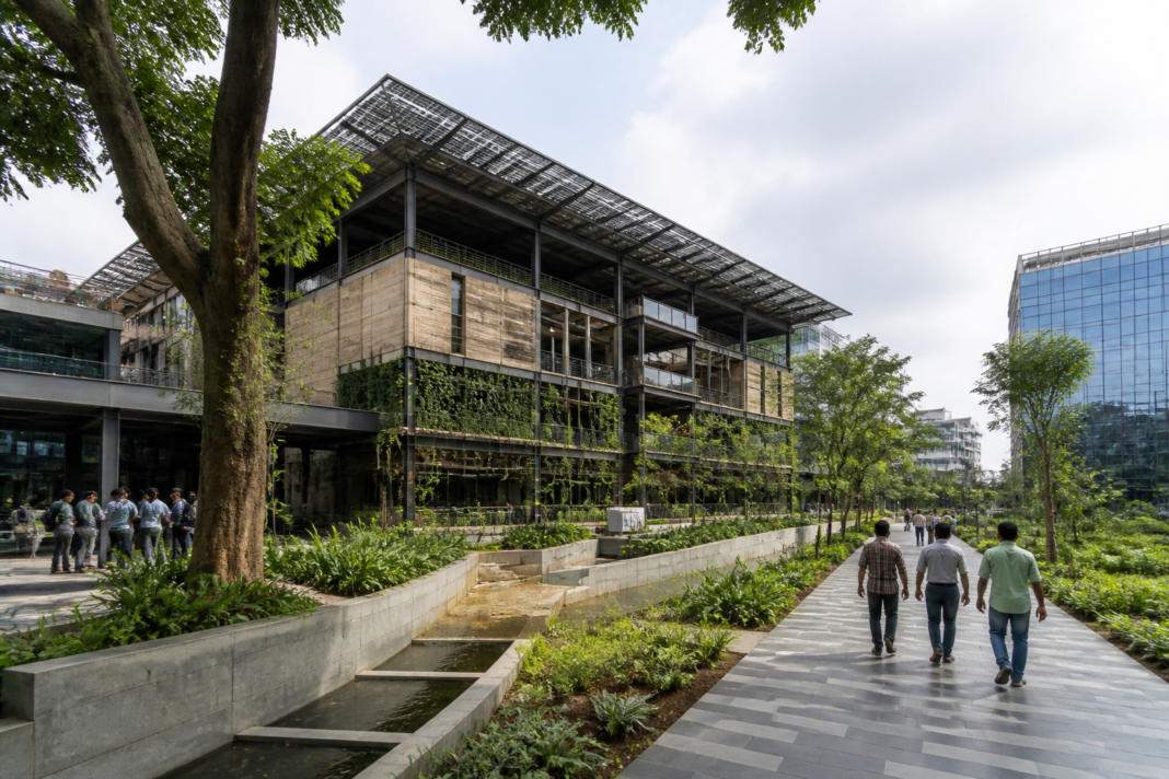 Green urban growth concept represented by a sustainable building with trees and integrated solar infrastructure