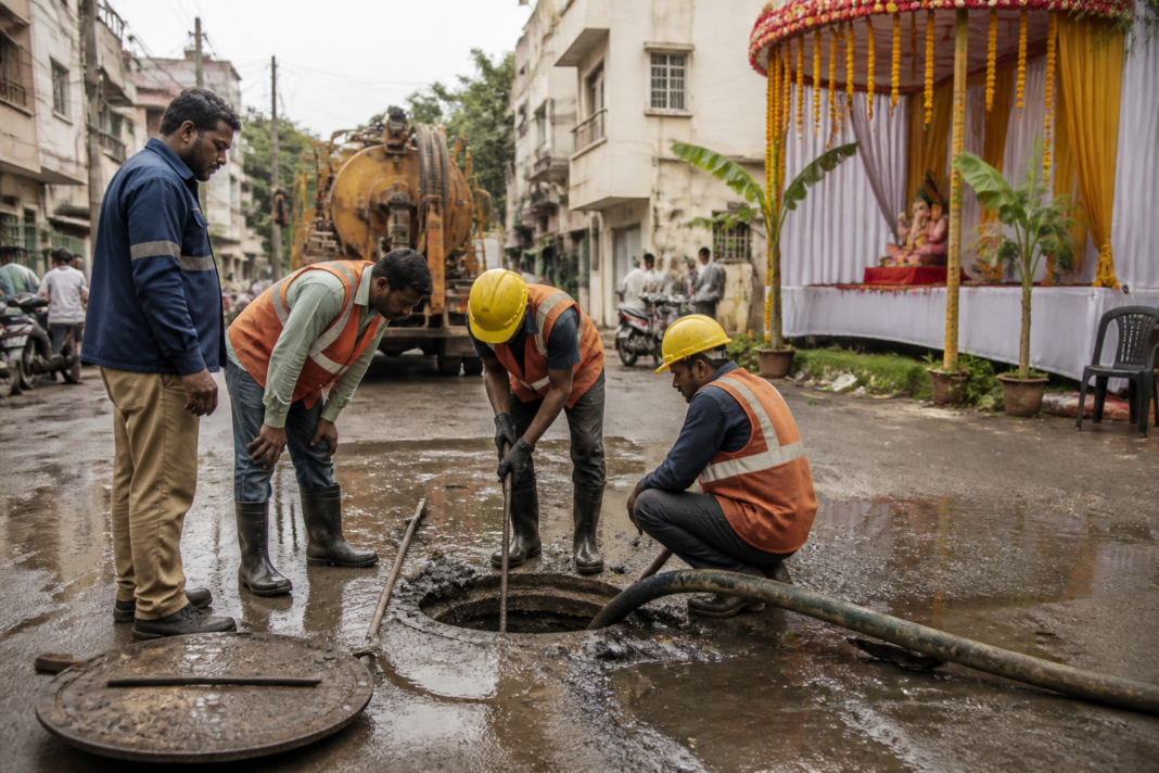 HMWSSB workers repairing the Shaikpet sewage leak near Vinayak Nagar Colony in Hyderabad