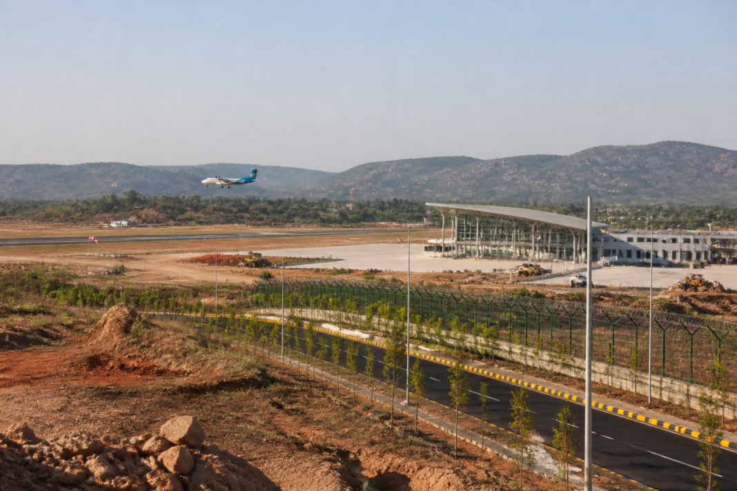 Purulia airport proposal under the UDAN scheme with an aircraft and developing industrial landscape in Purulia, West Bengal.
