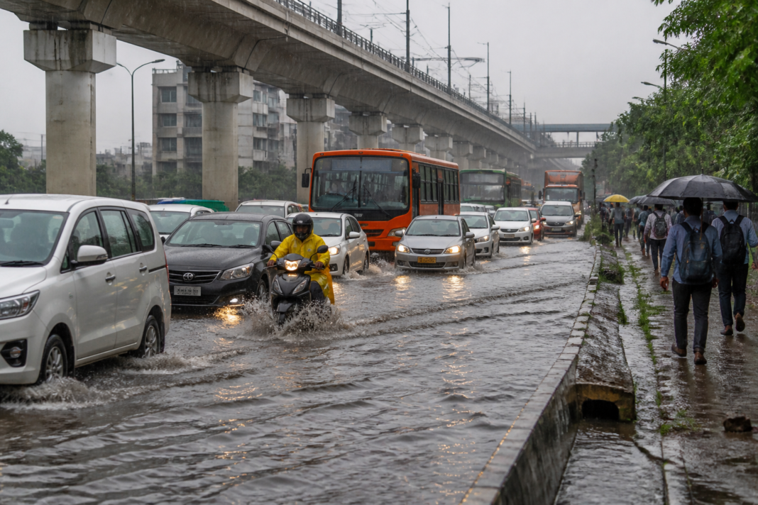 Mahipalpur waterlogging causing traffic congestion near Delhi airport