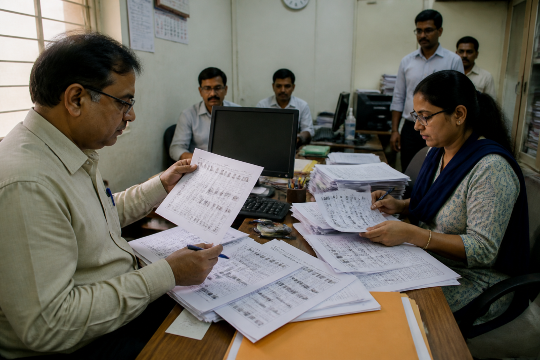 Delhi SIR voter list documents being checked by election officials at a polling office