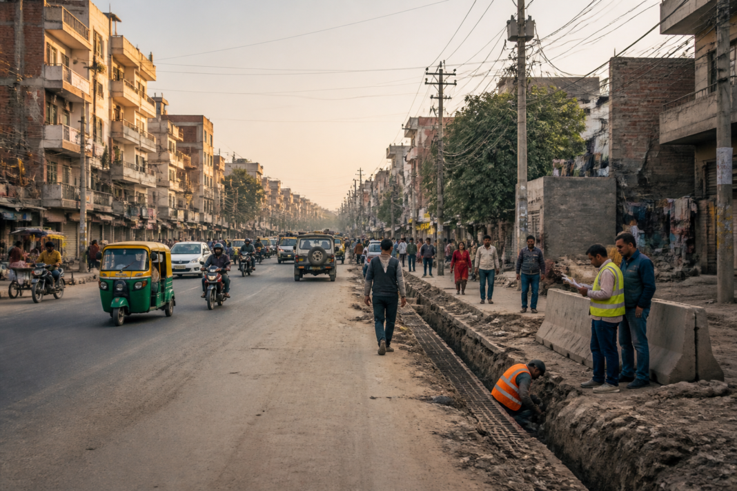 Burari Road upgrade planned across a congested Delhi road corridor with drainage works.