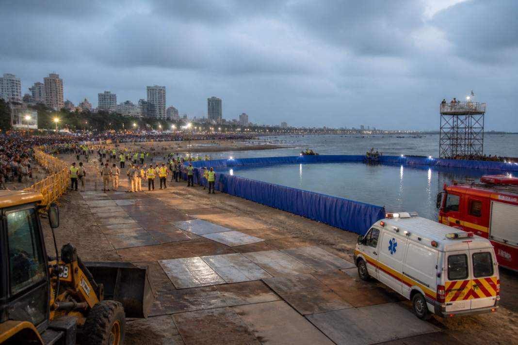 Ganesh immersion arrangements at Girgaon Chowpatty with civic staff and crowd-control infrastructure