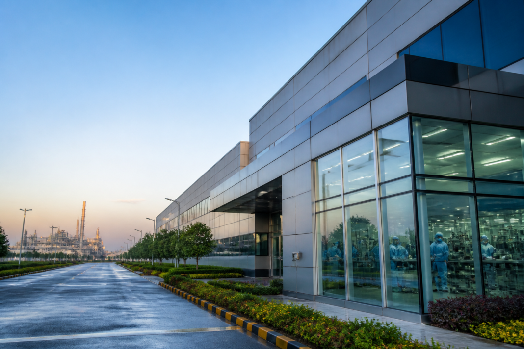 India semiconductor mission represented by a high-tech chip manufacturing and packaging facility