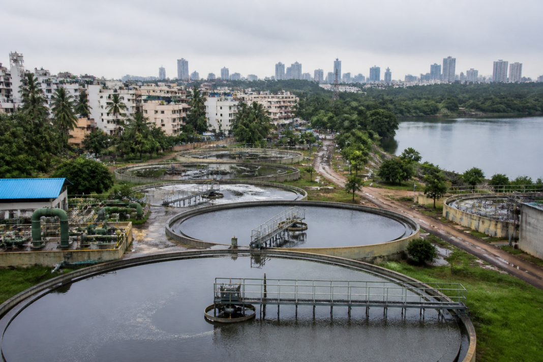 Bengaluru wastewater treatment plant infrastructure near an urban lake