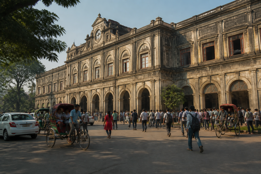 Delhi heritage buildings, including a historic railway station facade and active civic surroundings