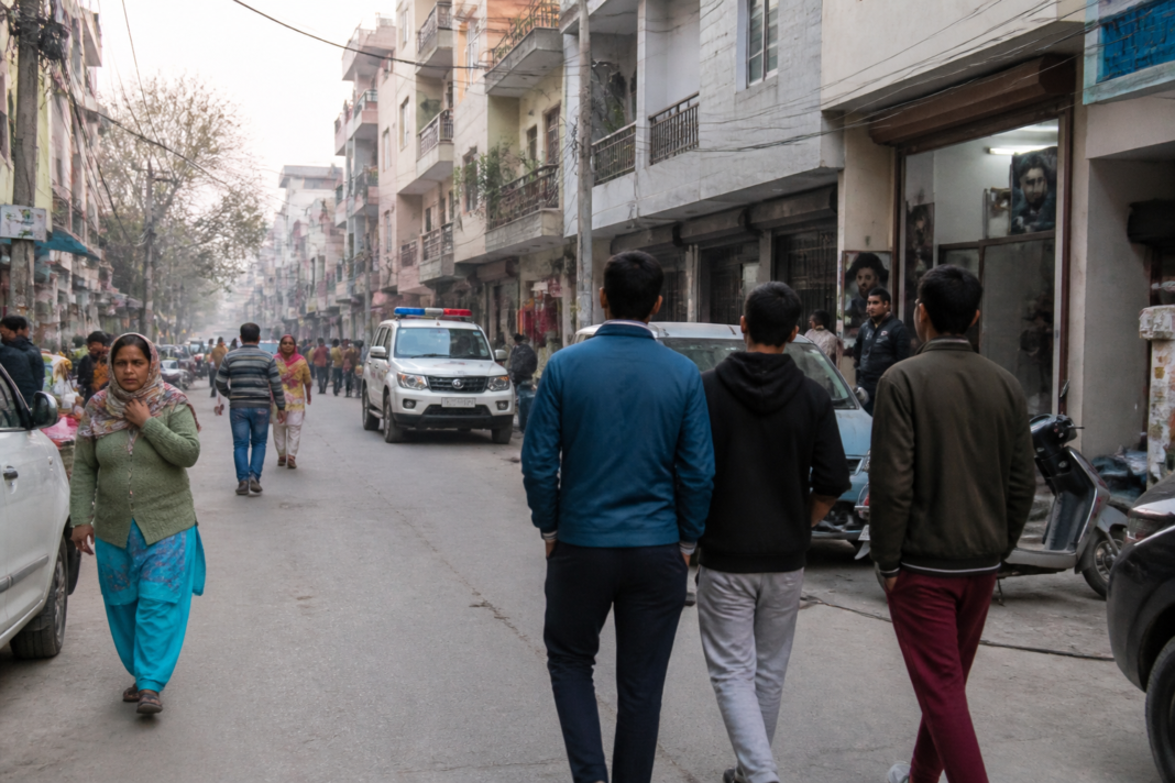 Delhi northeast residents walking through a dense Kilokari neighbourhood near Ashram metro station