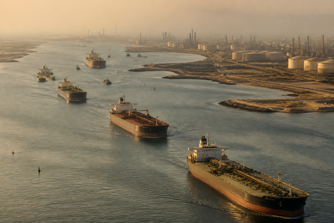 Strait of Hormuz crisis highlighted through oil tankers moving near critical energy infrastructure