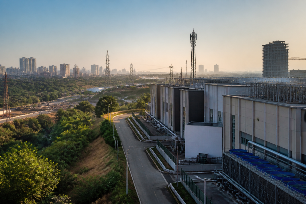 Mumbai Pune data center corridor represented by a modern data centre campus and urban skyline