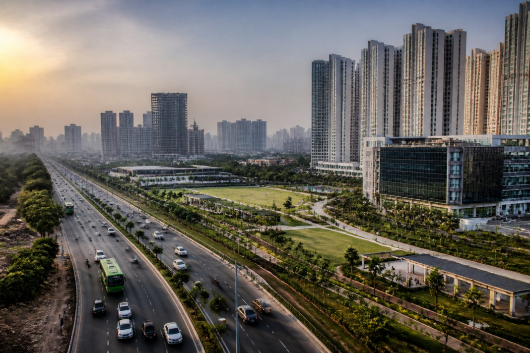 Noida Sector 108 land corridor with premium towers and Expressway infrastructure