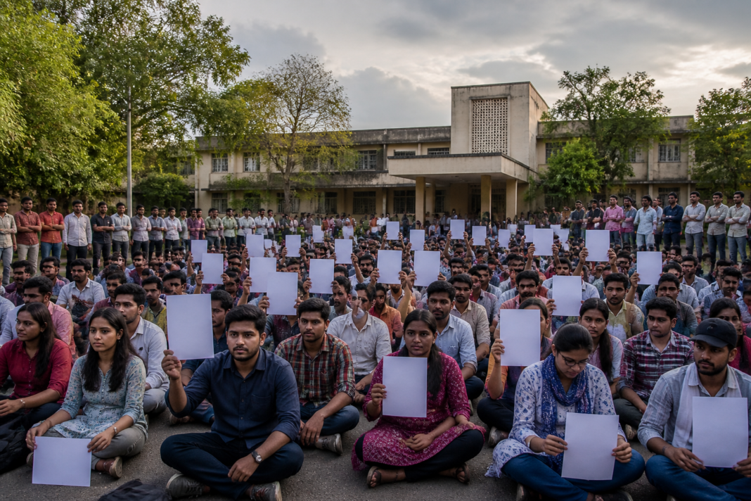 MGAHV student protest near the university administration building in Wardha