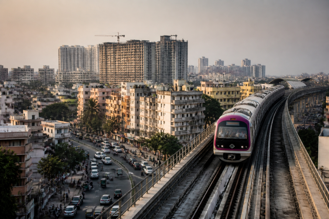Bengaluru metro train passing dense housing, illustrating Bengaluru housing costs and limited rail reach.