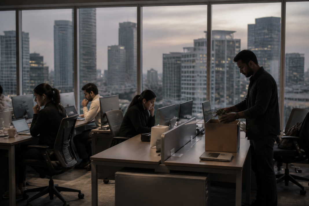 Apple layoffs and changing technology jobs represented by a modern Indian tech office