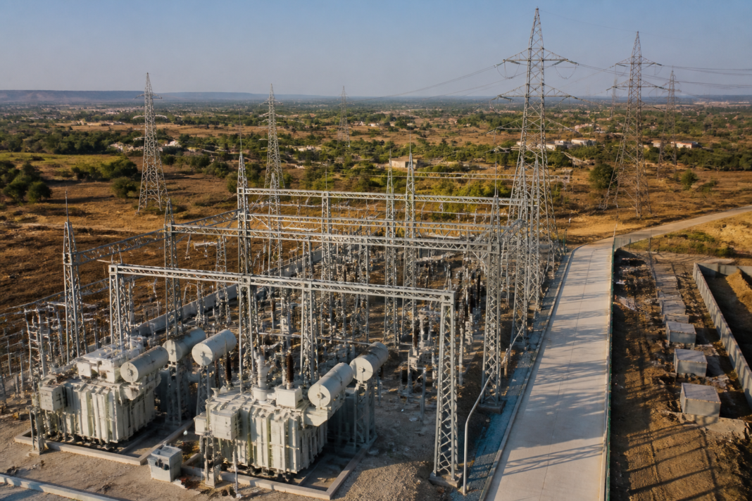 Maharashtra power transmission project with high-voltage towers and a GIS switching station near Dharashiv