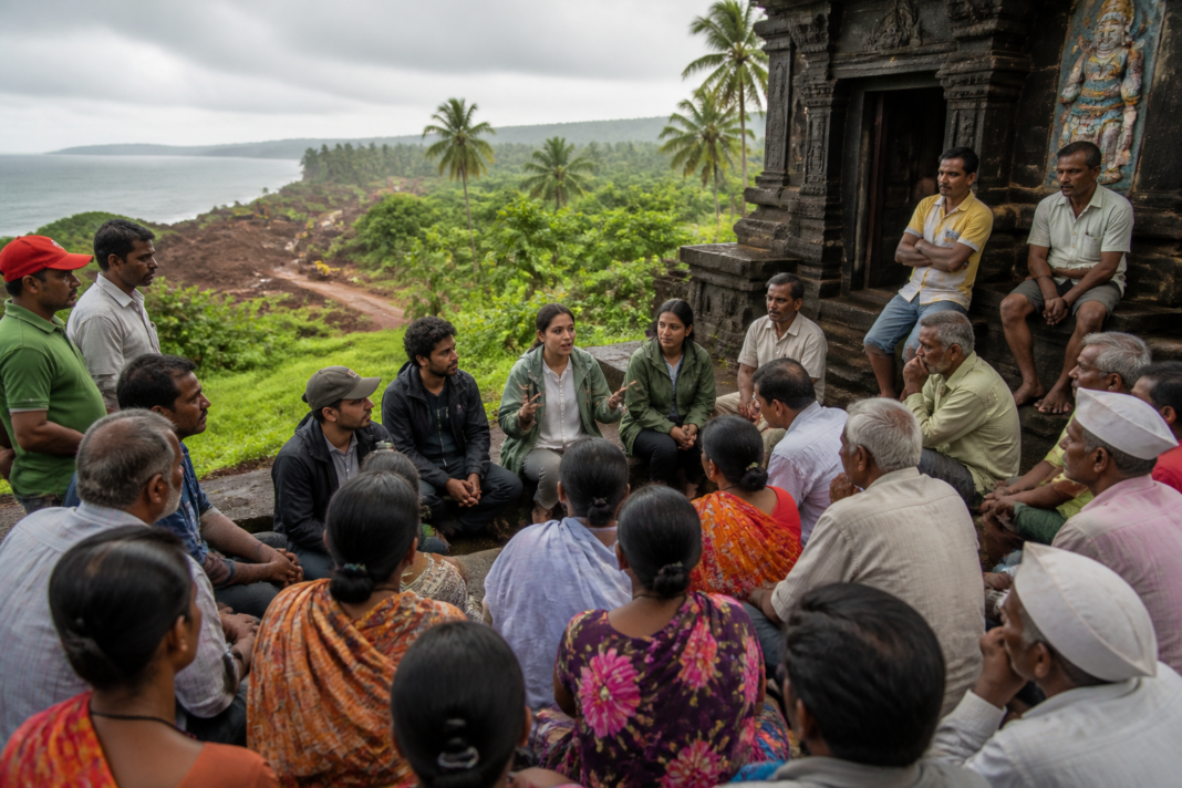 Konkan development campaigners meeting villagers near a coastal Maharashtra temple